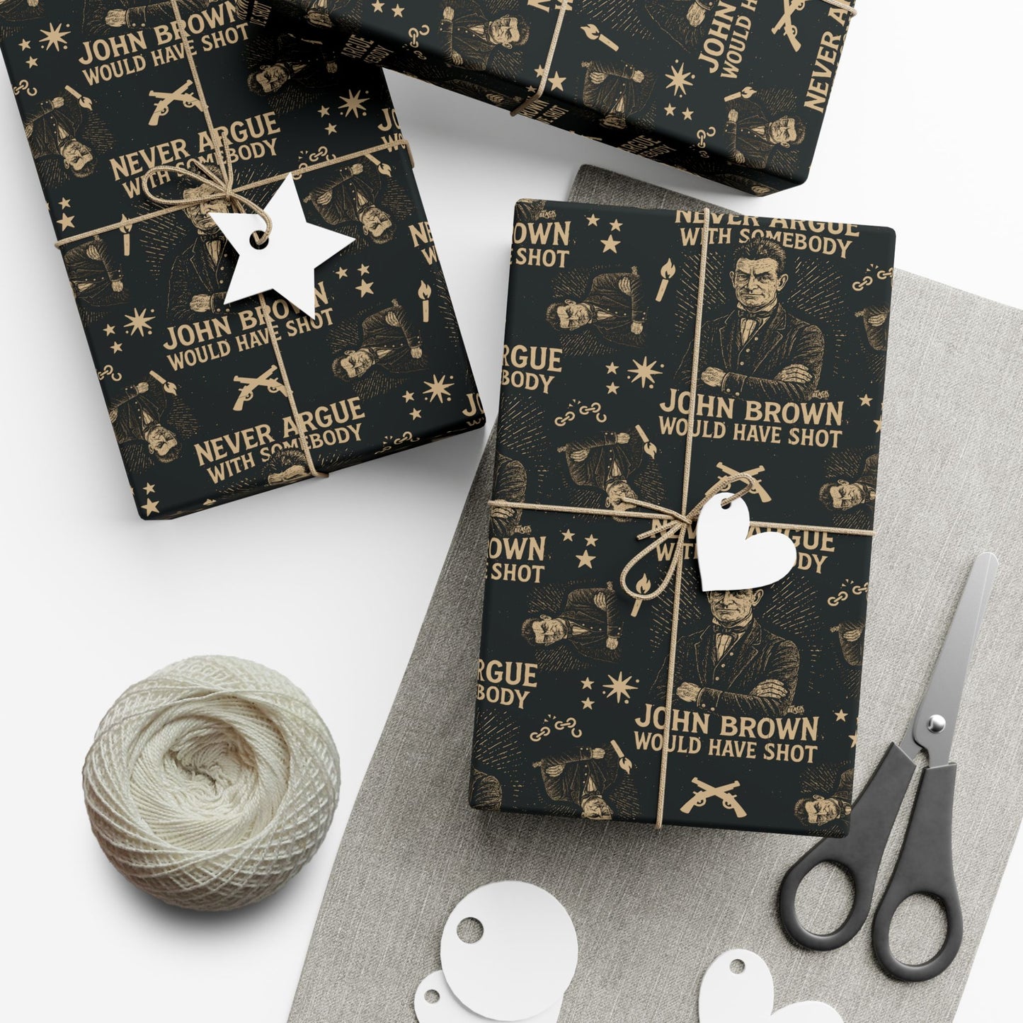Never Argue John Brown History Christmas Gift Wrapping Paper featuring vintage-style abolitionist illustrations and bold text on matte black paper.