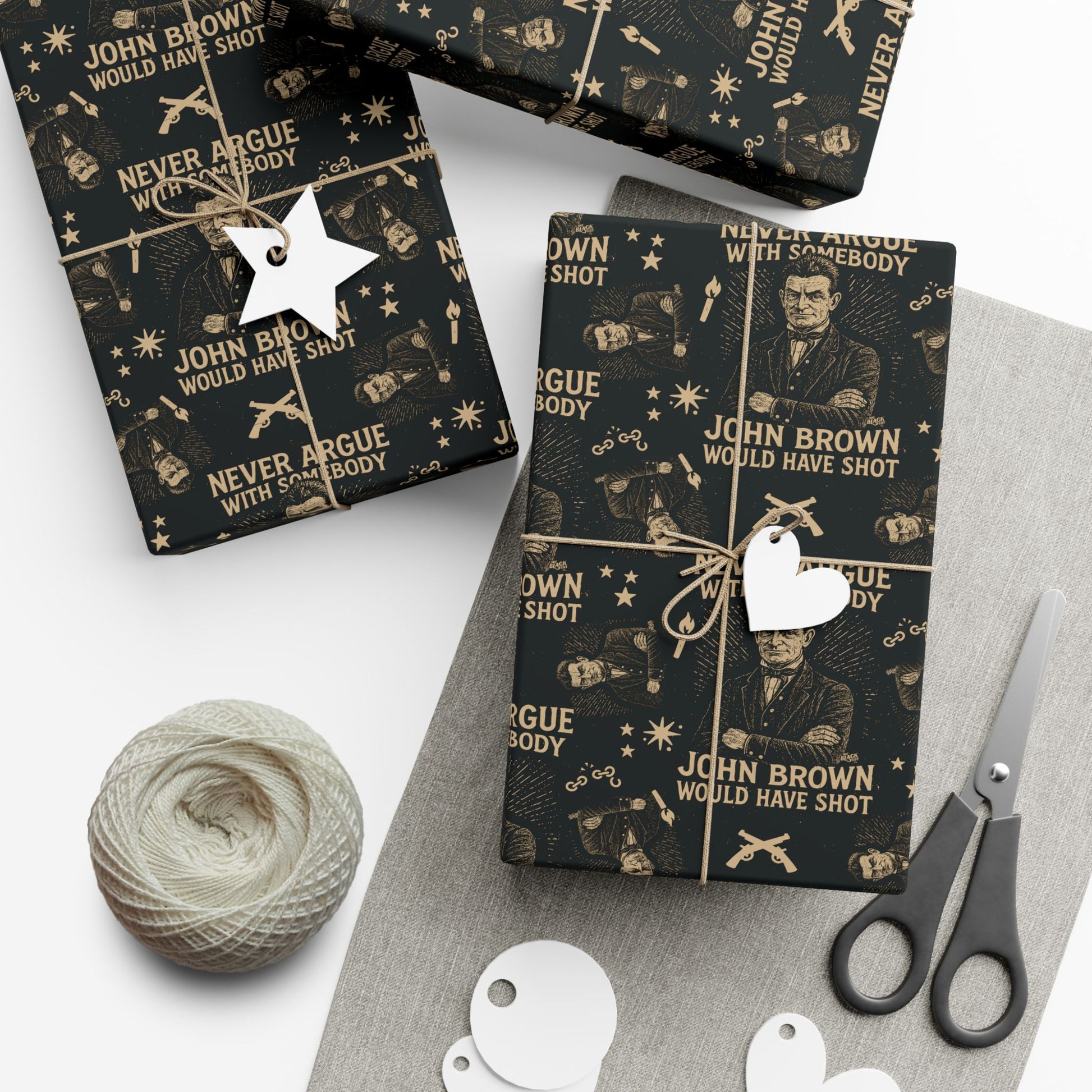 Never Argue John Brown History Christmas Gift Wrapping Paper featuring vintage-style abolitionist illustrations and bold text on matte black paper.