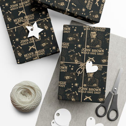 Never Argue John Brown History Christmas Gift Wrapping Paper featuring vintage-style abolitionist illustrations and bold text on matte black paper.