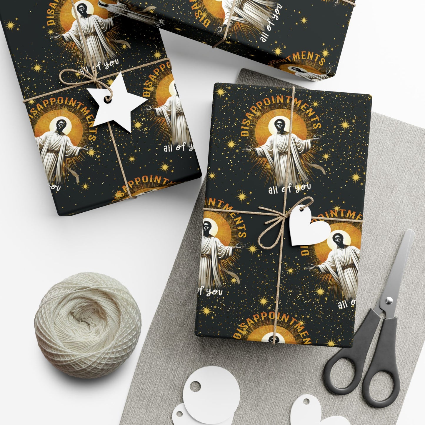 Black Jesus Disappointments All Of You Christmas Gift Wrap featuring a celestial design with humorous text, ideal for bold holiday gifting.