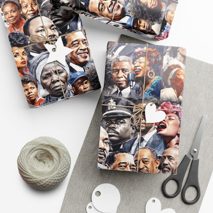 Icons Of Black History Christmas Gift Wrapping Paper featuring illustrated portraits of historic Black leaders, wrapped around holiday gifts with tags and twine. Ideal for meaningful, heritage-inspired gift-giving.