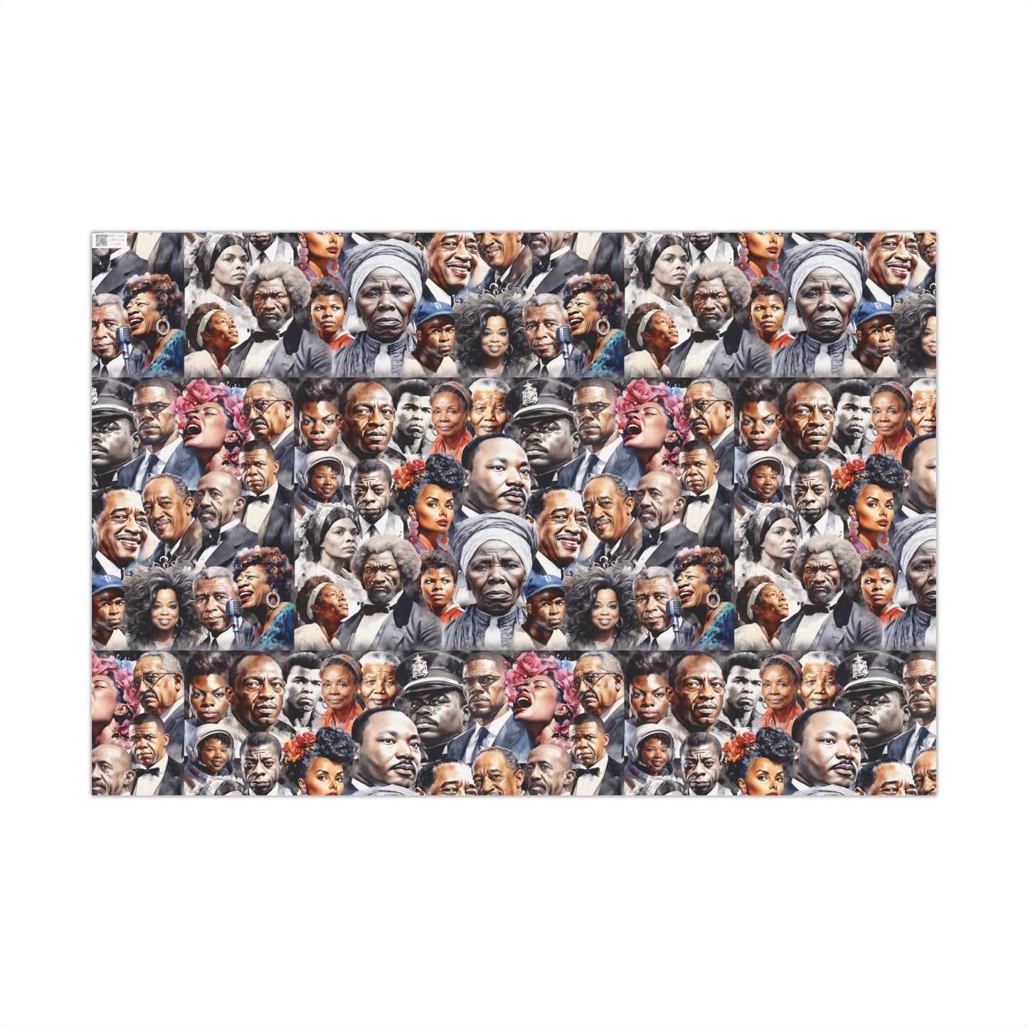 Icons Of Black History Christmas Gift Wrapping Paper sheet with a collage of influential Black figures in a repeating pattern. Ideal for educational and celebratory gift presentations.