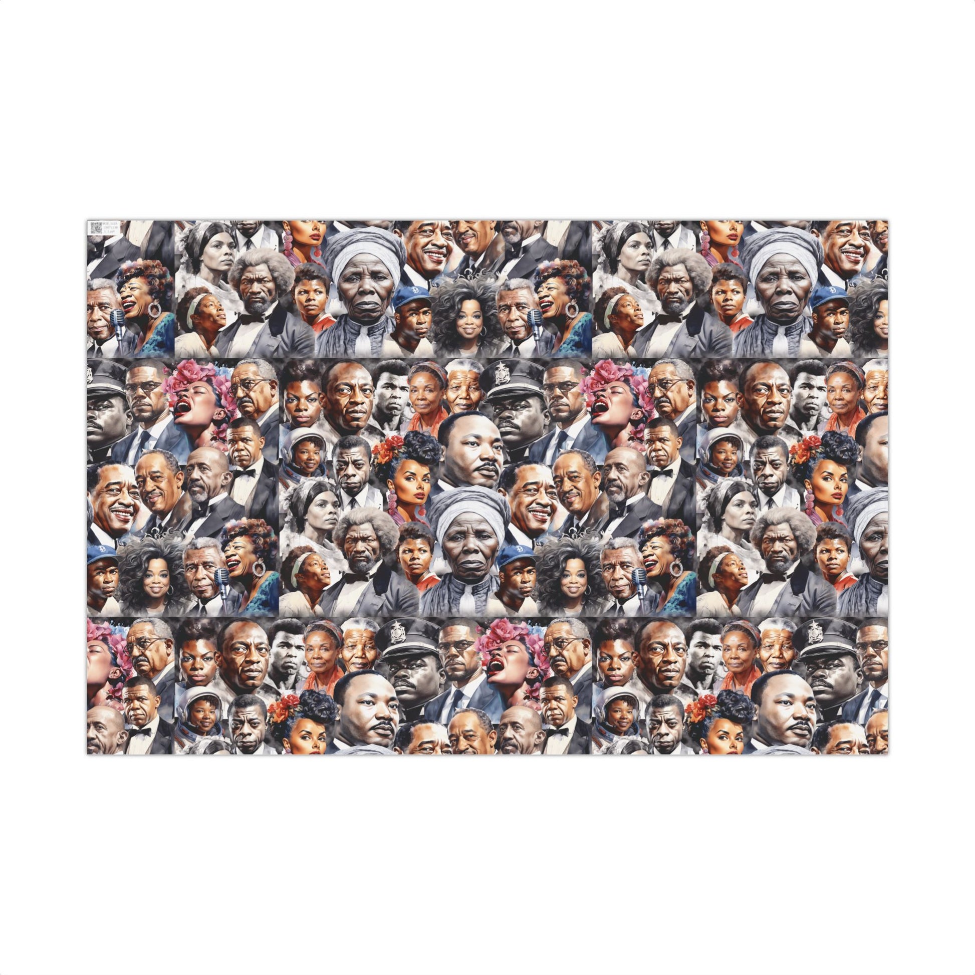 Icons Of Black History Christmas Gift Wrapping Paper sheet with a collage of influential Black figures in a repeating pattern. Ideal for educational and celebratory gift presentations.