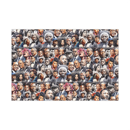 Icons Of Black History Christmas Gift Wrapping Paper sheet with a collage of influential Black figures in a repeating pattern. Ideal for educational and celebratory gift presentations.
