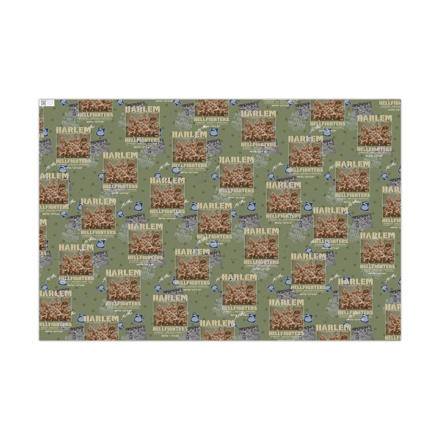 Flat sheet of Harlem Hellfighters Black Soldiers History Wrapping Paper with repeating historic design, great for veteran or heritage gifts.