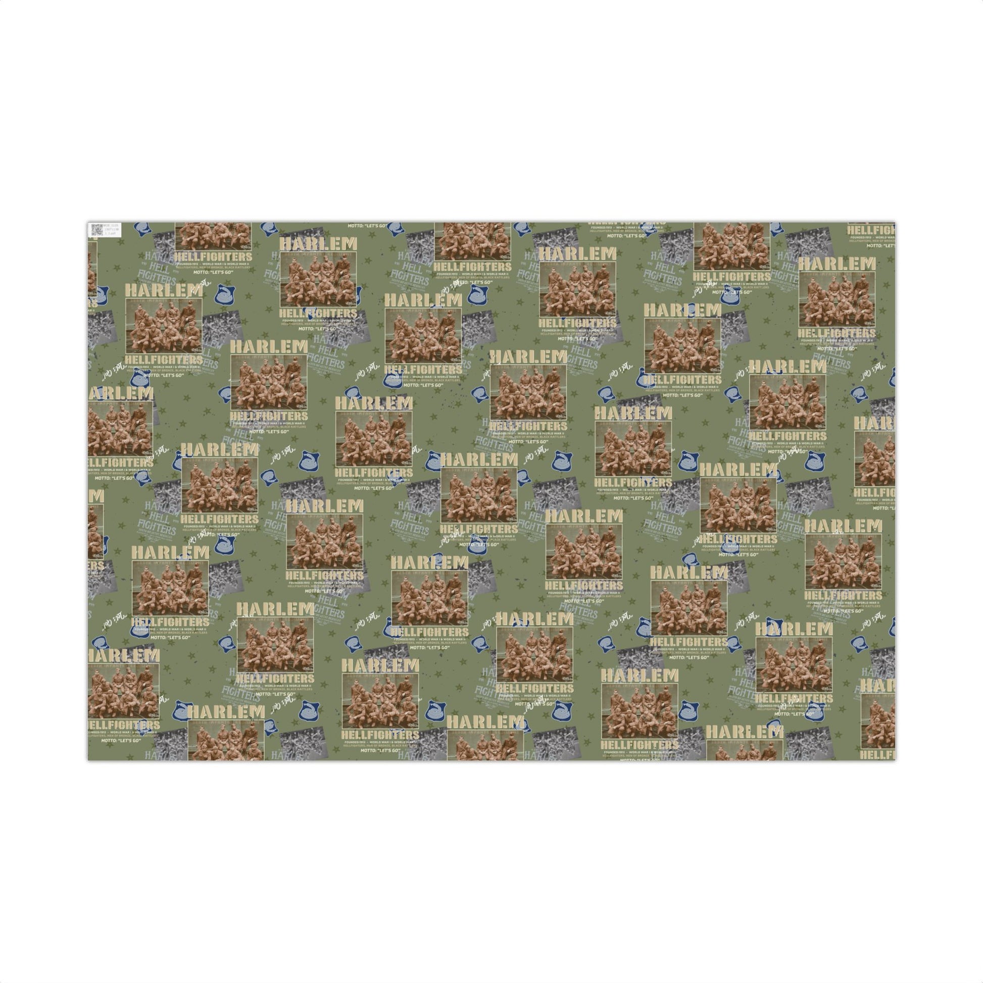 Flat sheet of Harlem Hellfighters Black Soldiers History Wrapping Paper with repeating historic design, great for veteran or heritage gifts.