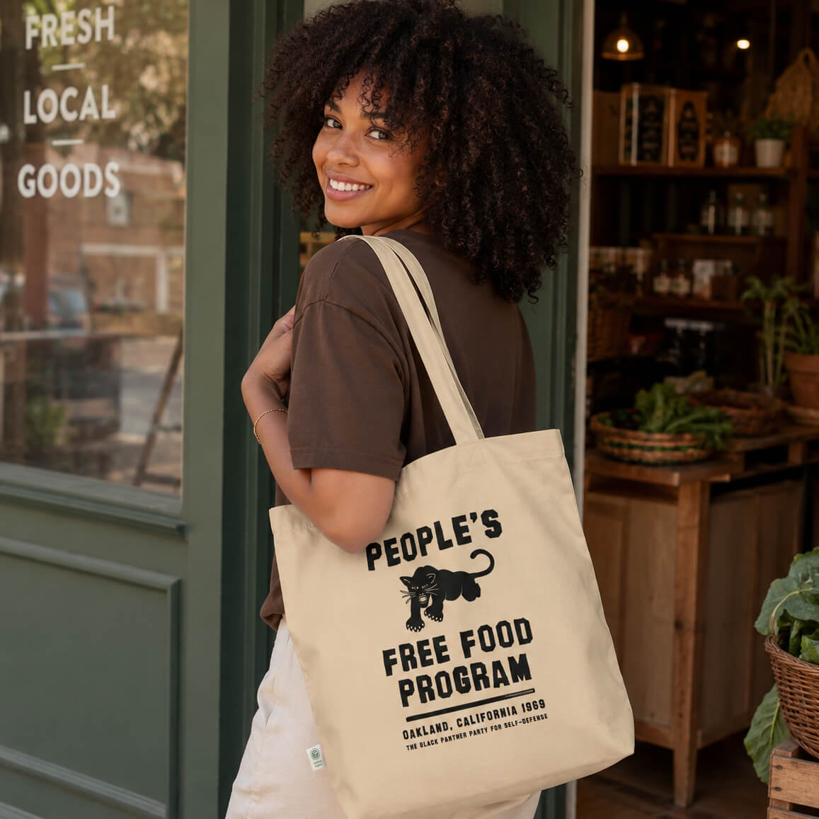 Eco tote bag with Black Panther Party Free Food design, organic cotton, reusable grocery bag