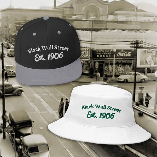 image of two hats over a vintage picture of Black Wall Street