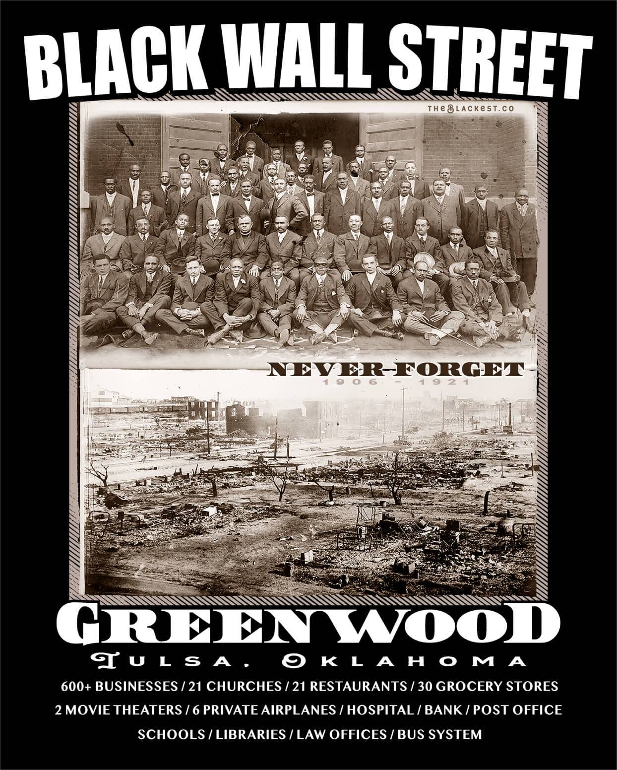 close up of an apparel design that says Black Wall Street and Greenwood with a vintage image of Black Wall Street before and after 1921