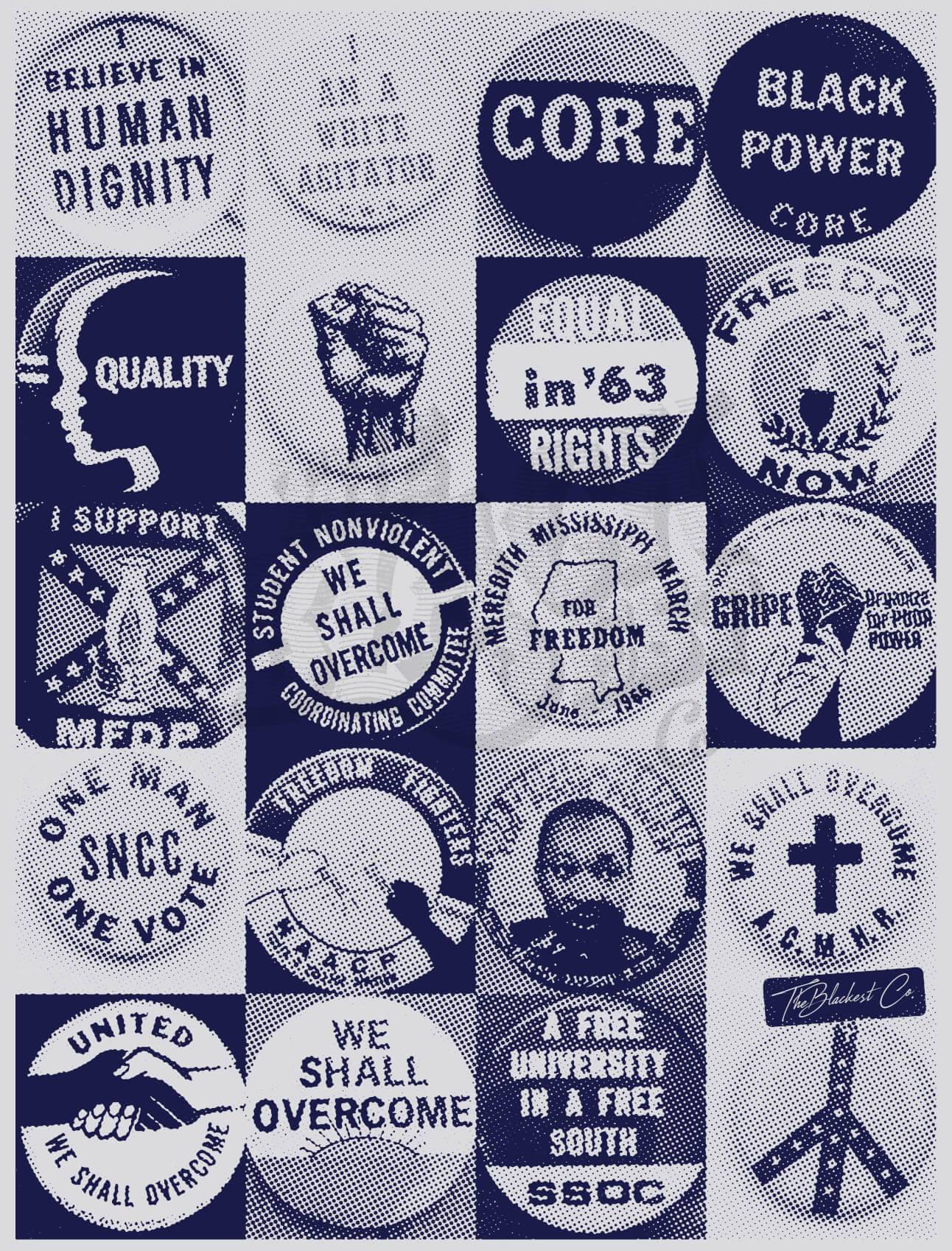 a bunch of civil rights buttons graphics that are on a wall