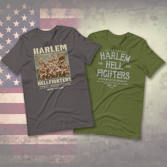 dark grey tee and olive green tee side by side with designs printed that celebrate the harlem hellfighters black soldiers background is american flag and army camouflage  