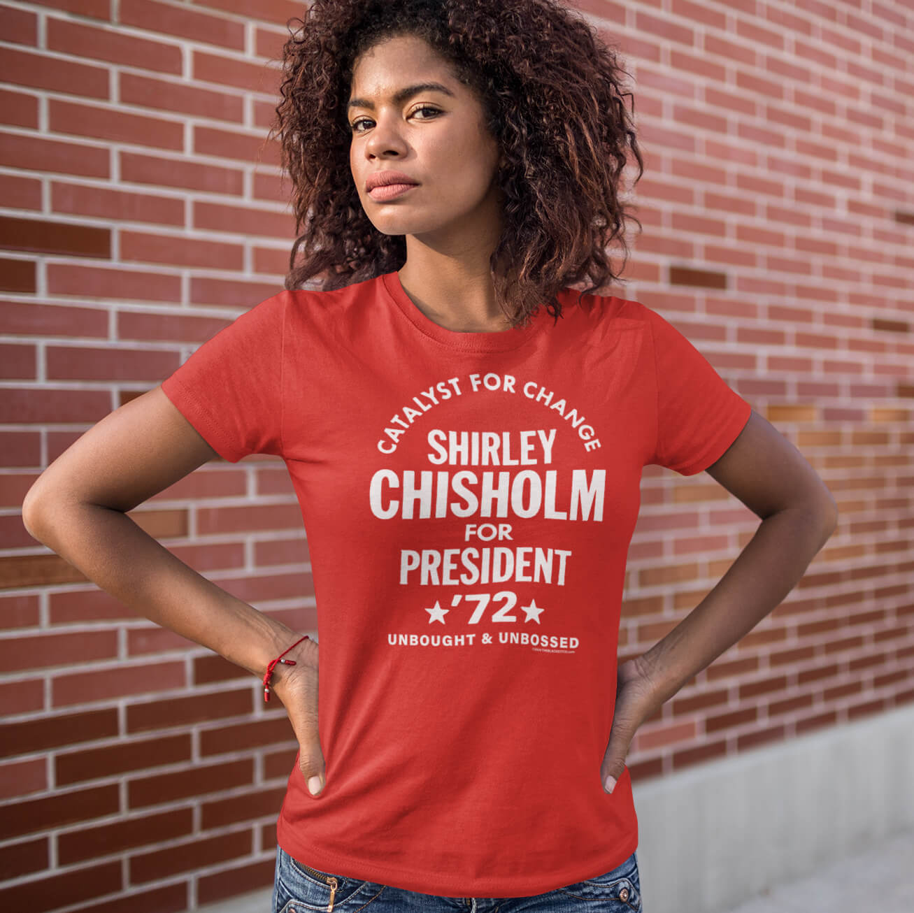 Red Shirley Chisholm for President campaign t-shirt with bold white text
