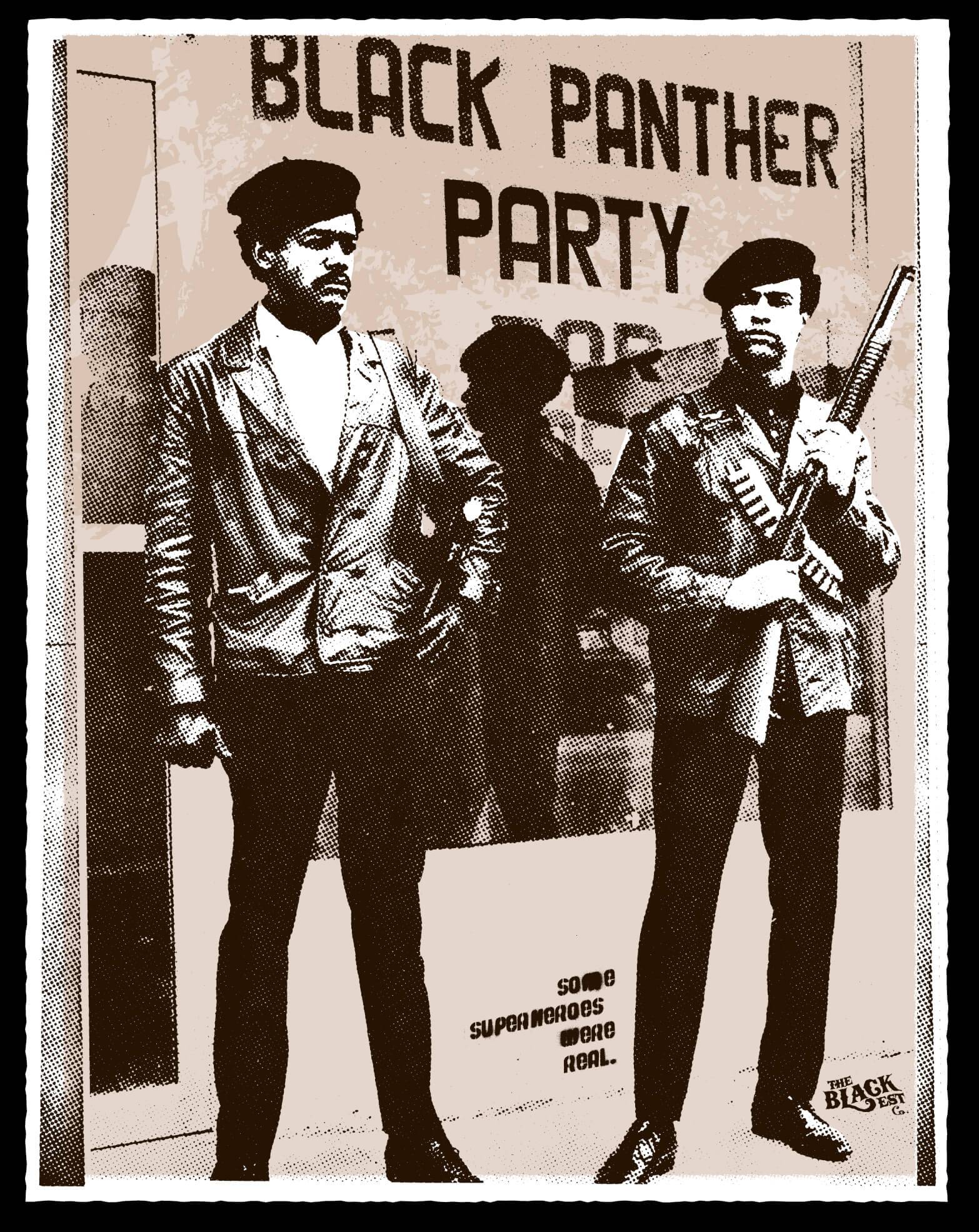 a black and white photo of two black panther party members standing together