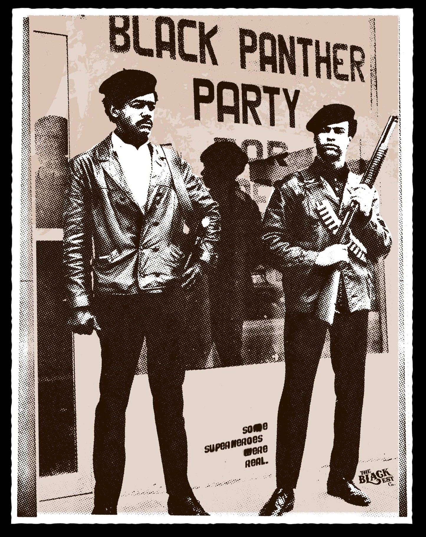 a black and white photo of two famous black panthers holding guns