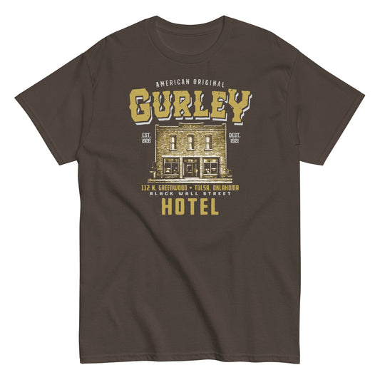 Chocolate brown Gurley American Original T-shirt with historic hotel graphic Black Wall Street Tulsa history apparel