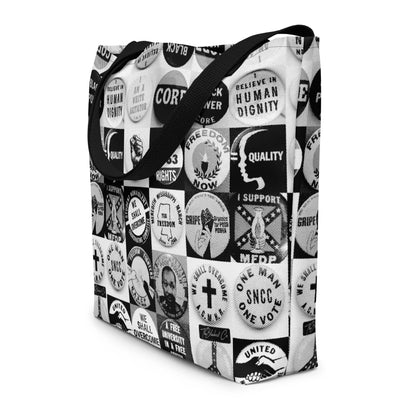 All-over print tote bag featuring civil rights movement slogans