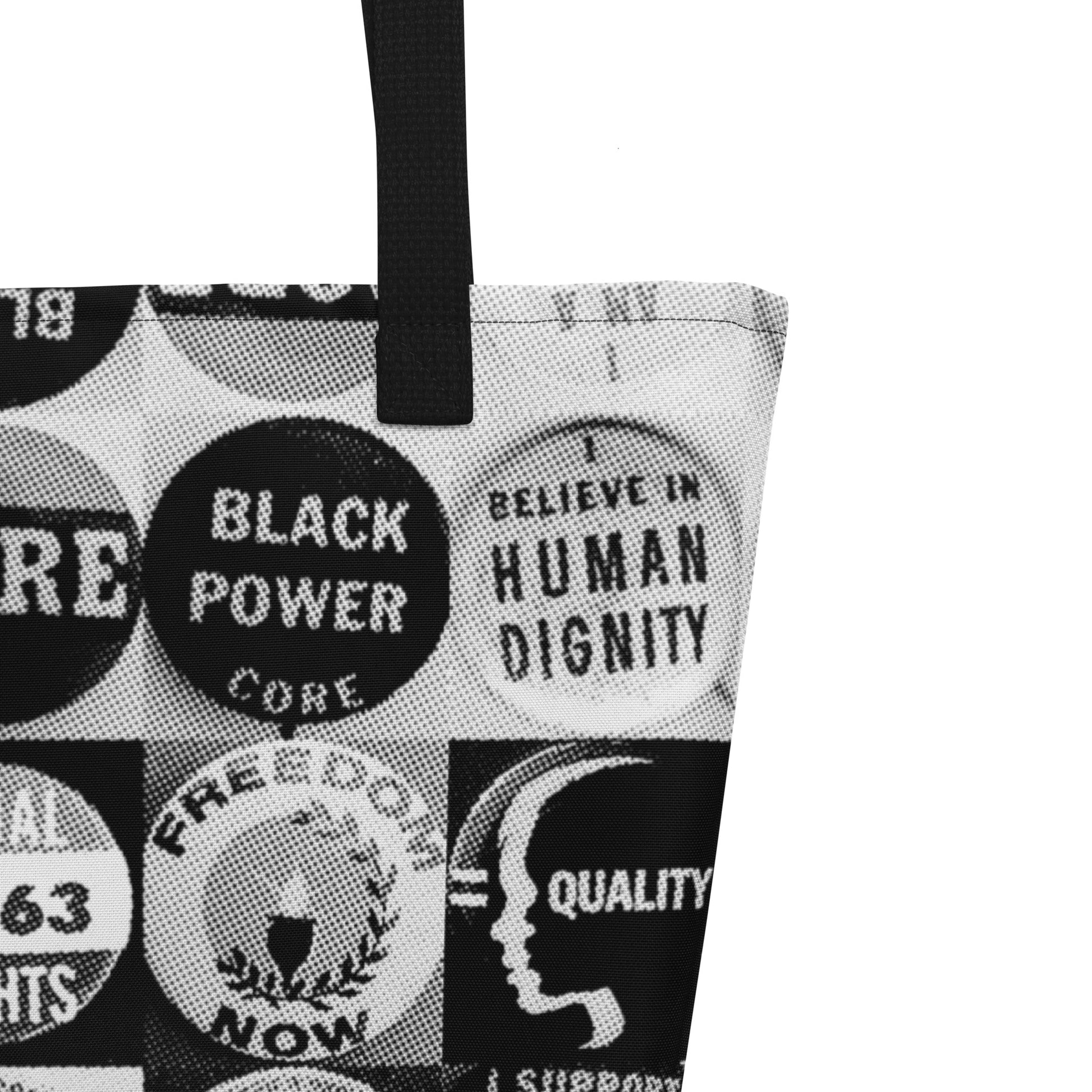 close up of civil rights protest tote bag printing and handle
