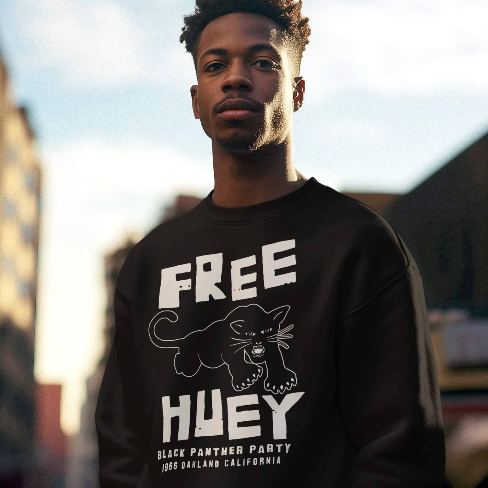 a young man wearing a free huey shirt