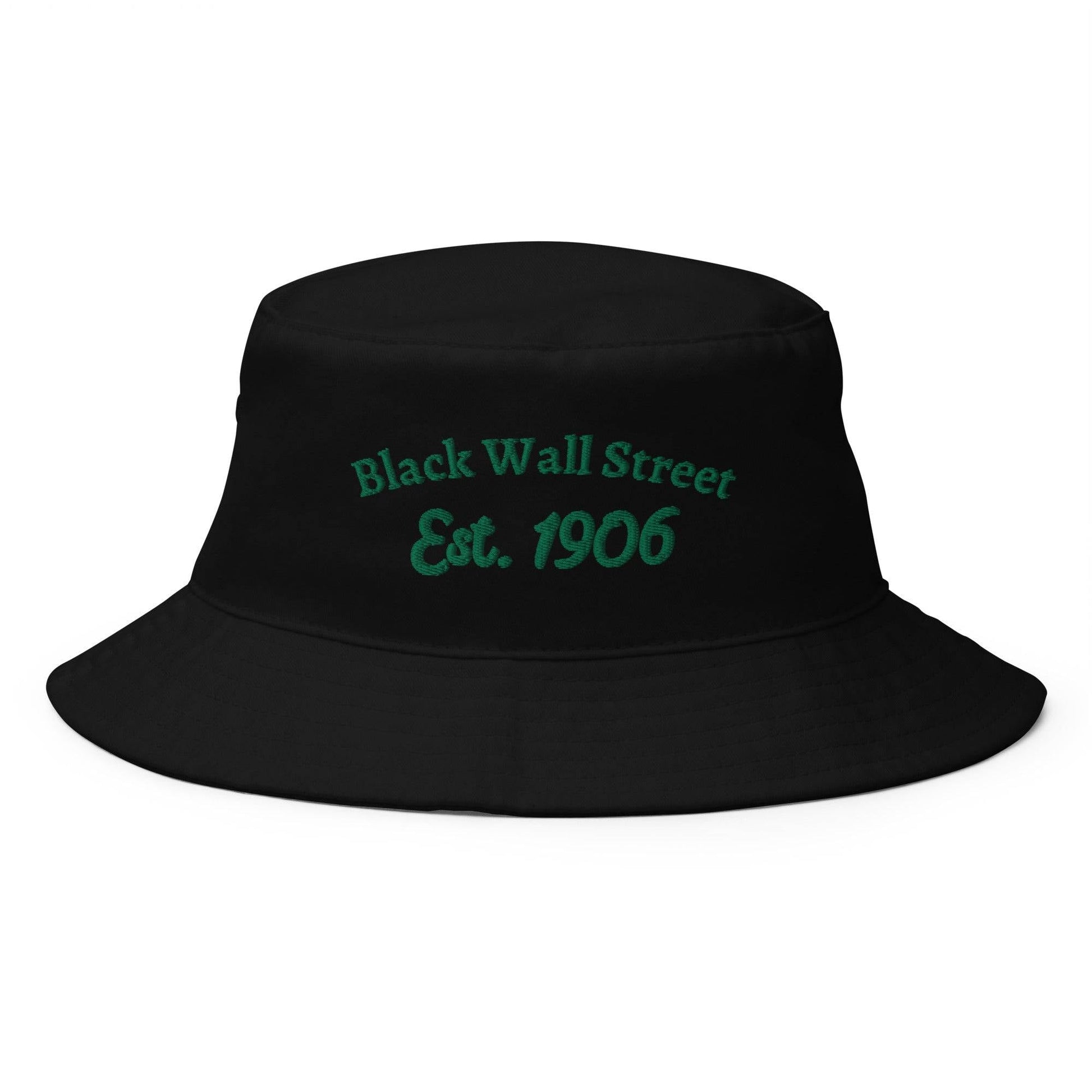 black bucket hat with black wall street est 1906 embroider on it