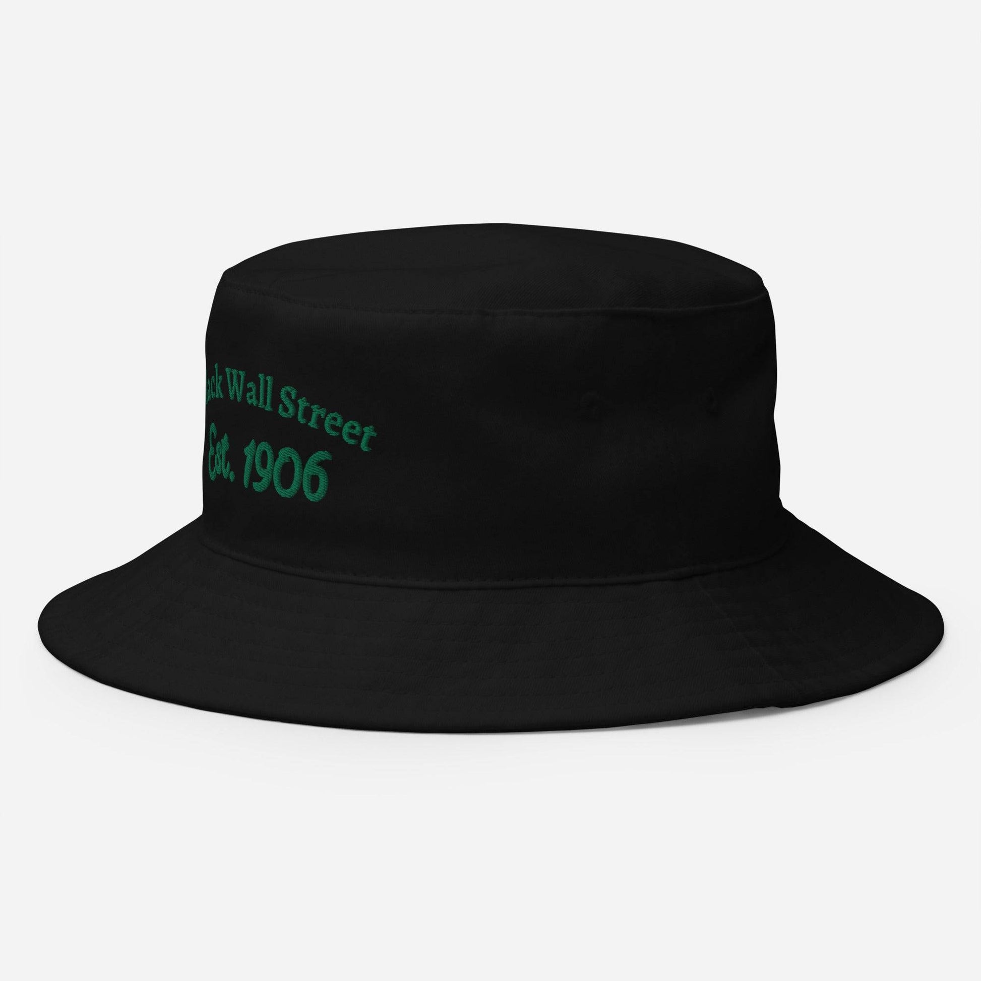 black bucket hat with black wall street est 1906 embroider on it