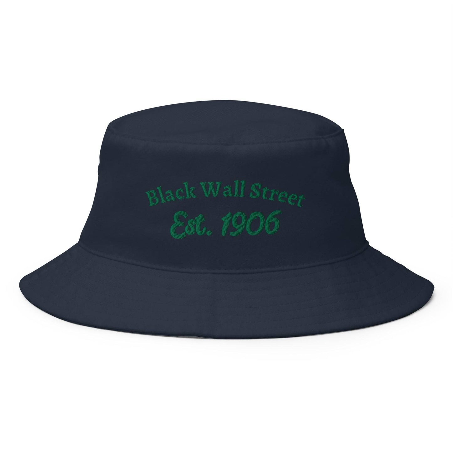 navy bucket hat with black wall street est 1906 embroider on it