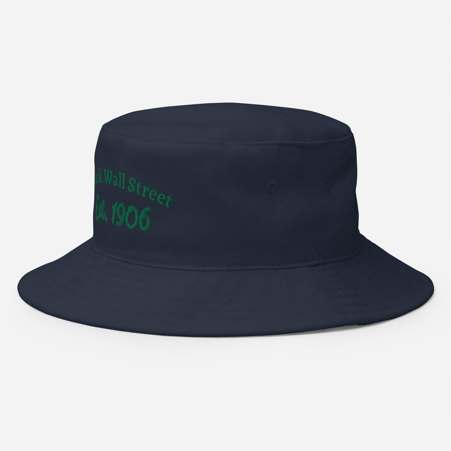 navy bucket hat with black wall street est 1906 embroider on it