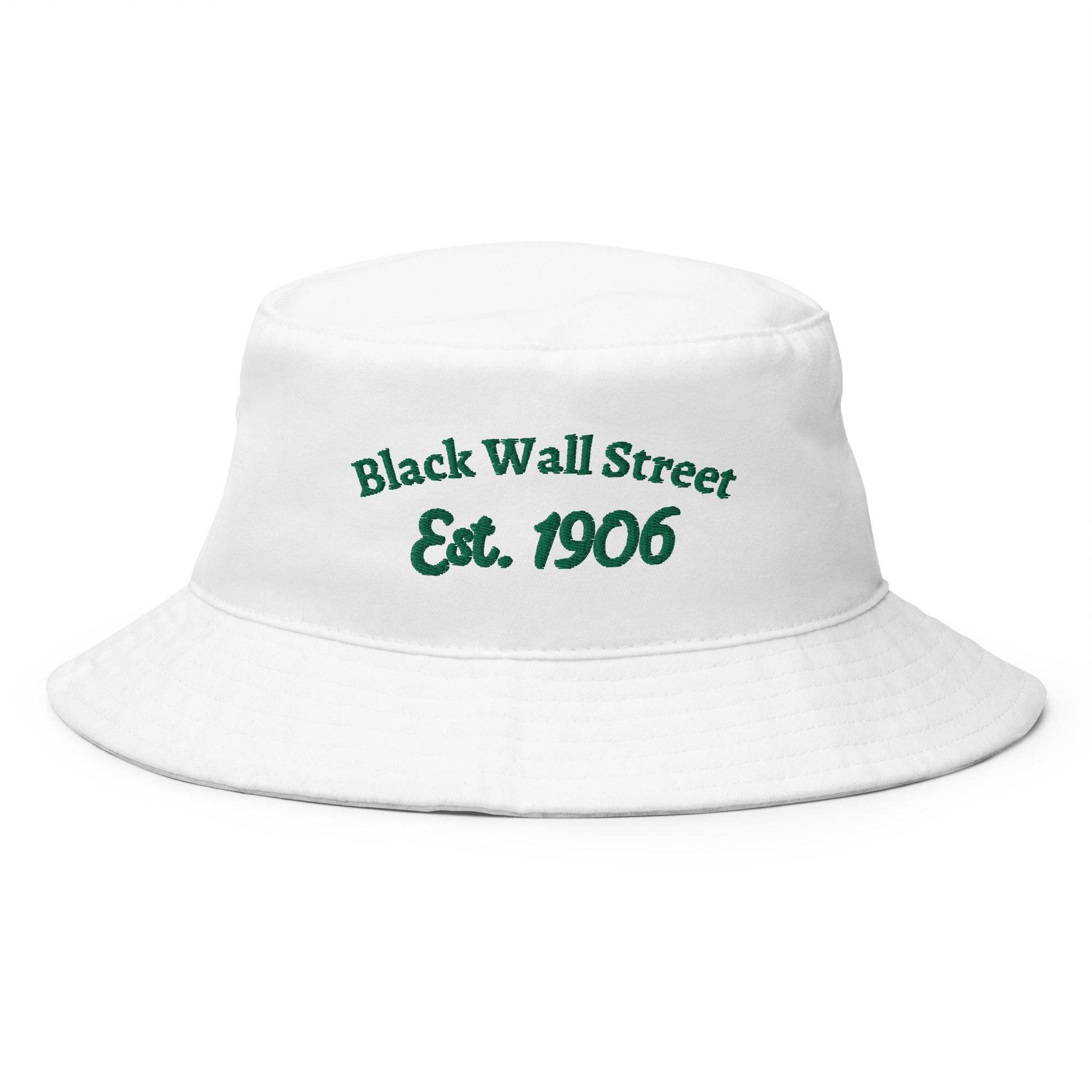 white bucket hat with black wall street est 1906 embroider on it