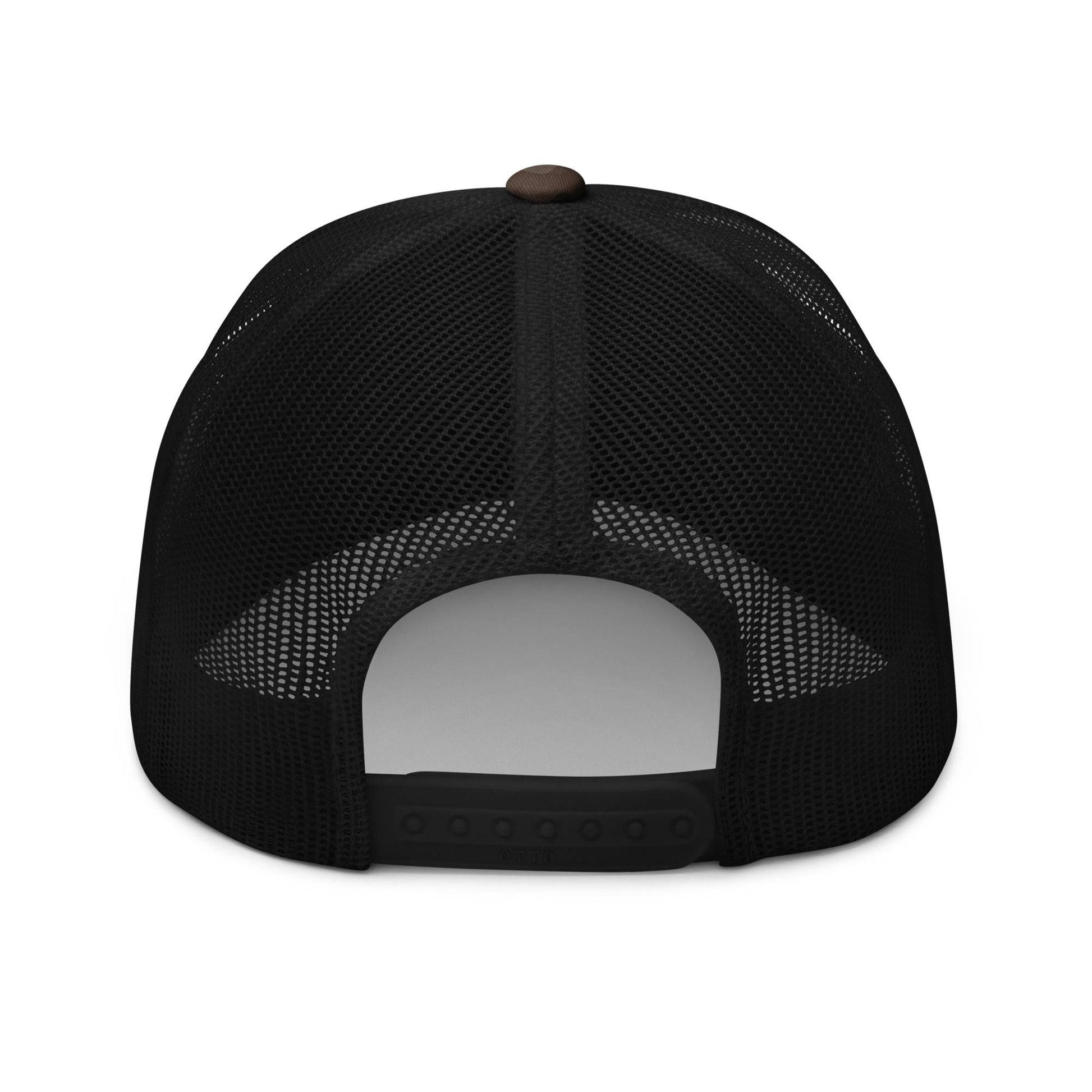 Back view of camouflage trucker hat with mesh and snap closure