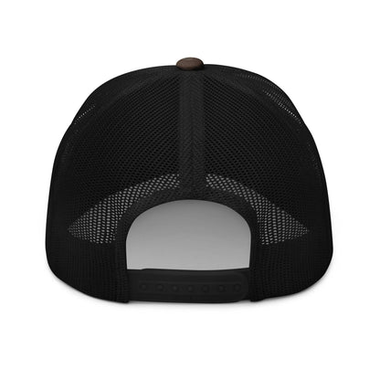 Back view of camouflage trucker hat with mesh and snap closure