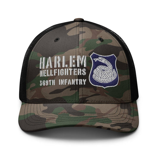 camo trucker hat with rattlesnake crest and text reading harlem hellfighters