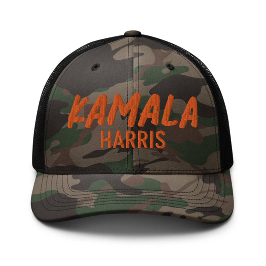 Kamala Harris embroidered camouflage trucker hat front view