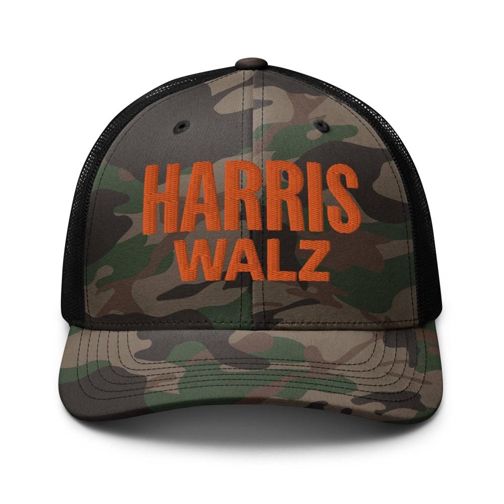 Camouflage trucker hat in black and green, adjustable fit, Harris Walz orange embroidery