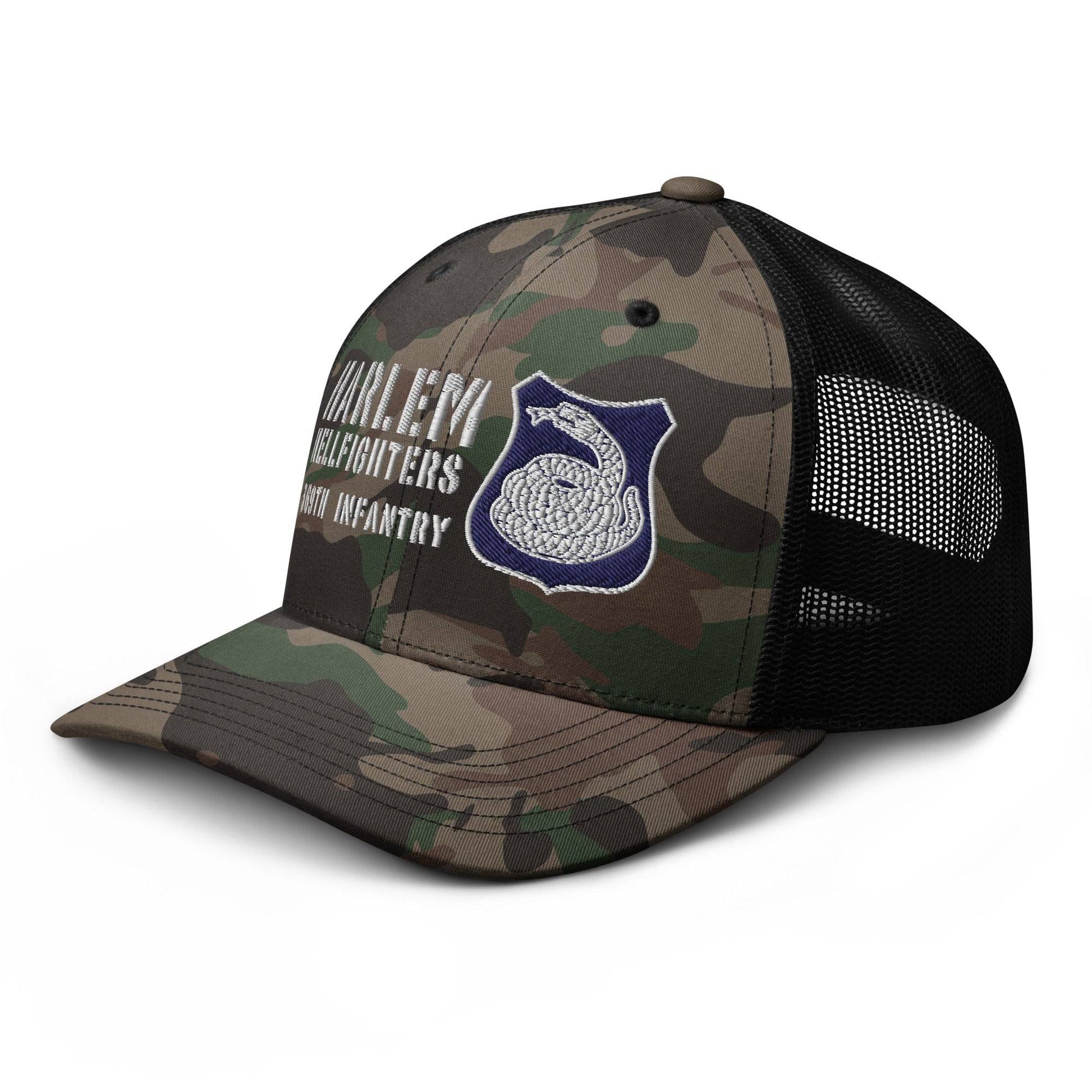 camo trucker hat with rattlesnake crest and text reading harlem hellfighters