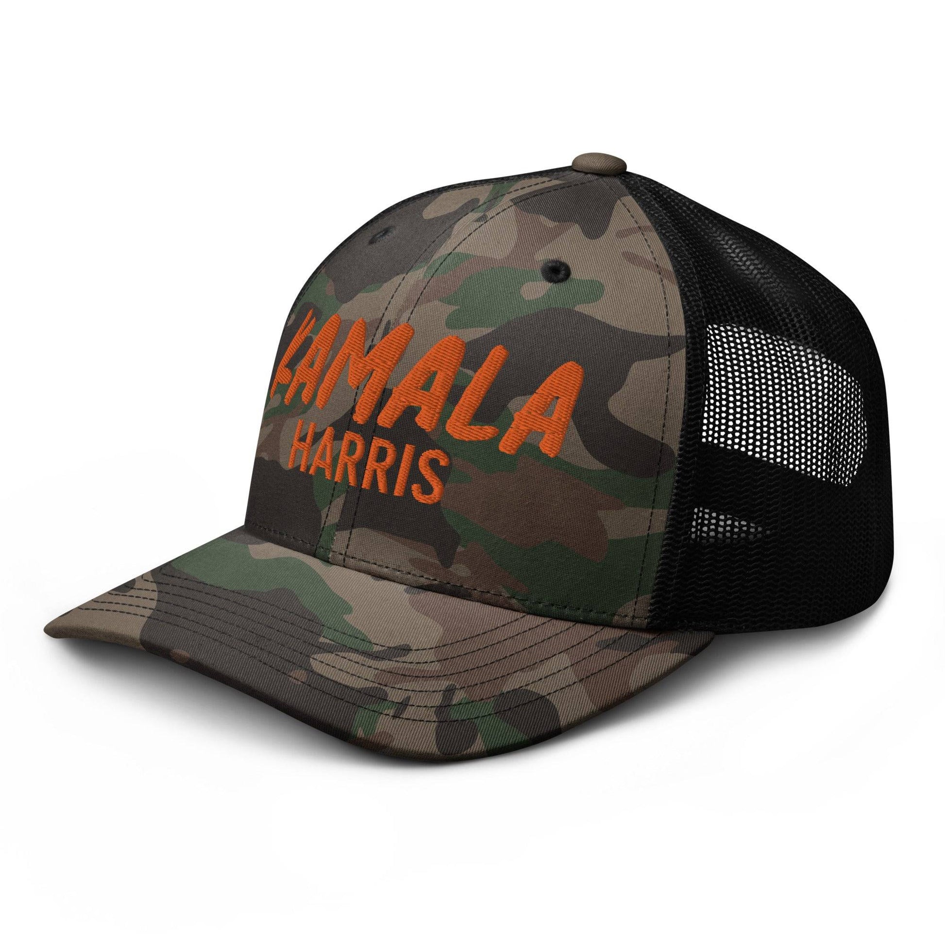 Kamala Harris camo trucker hat side view with mesh back