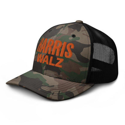 Black camouflage trucker hat with adjustable snapback, stylish design, Harris Walz orange embroidery