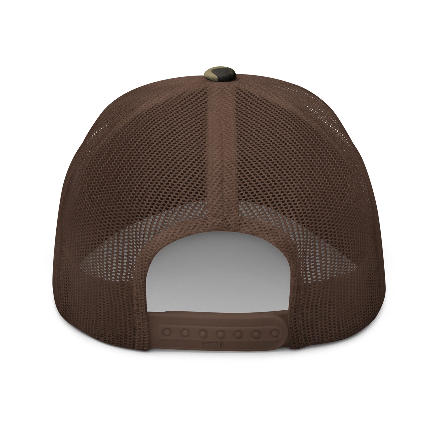 back of camo trucker hat with rattlesnake crest and text reading harlem hellfighters