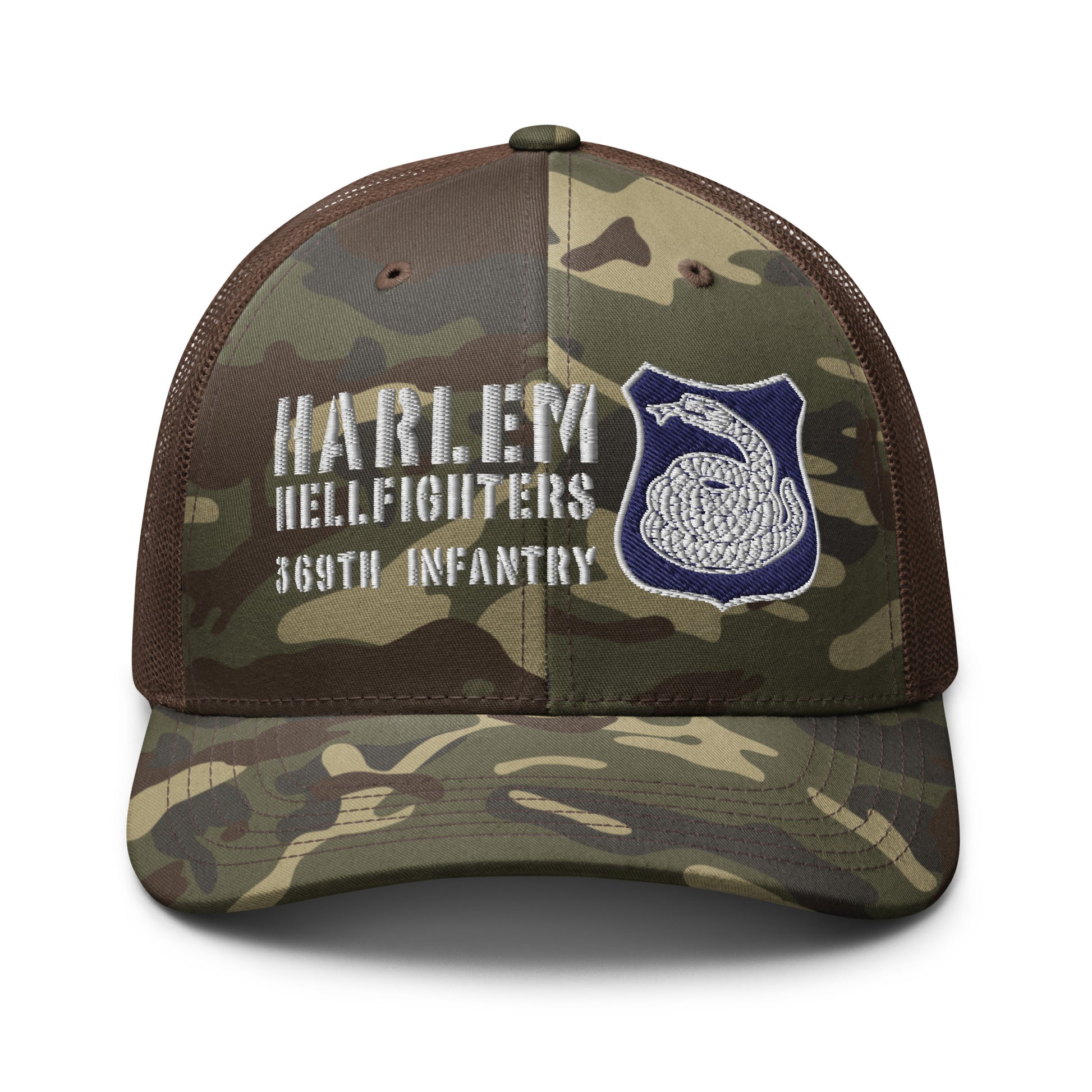 light color camo trucker hat with rattlesnake crest and text reading harlem hellfighters