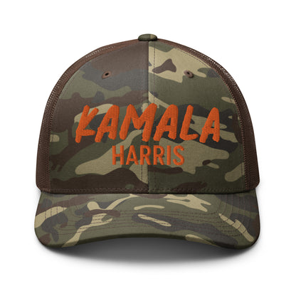 Kamala Harris embroidered camo trucker hat front view brown mesh