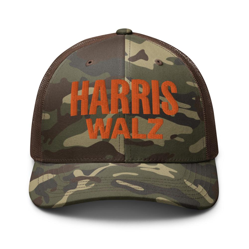 Camo brown trucker hat with mesh back and adjustable strap, Harris Walz orange embroidery