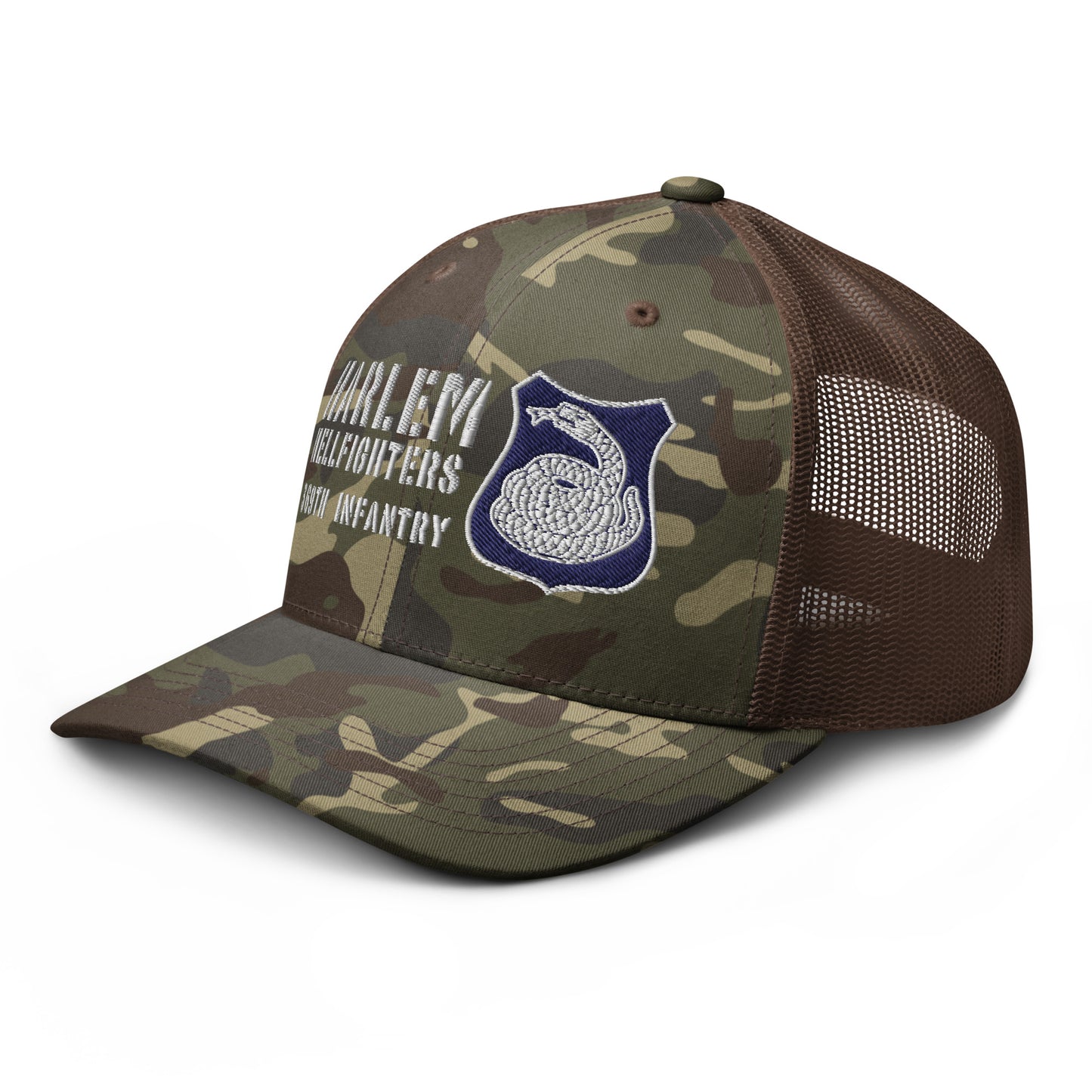 light color camo trucker hat with rattlesnake crest and text reading harlem hellfighters