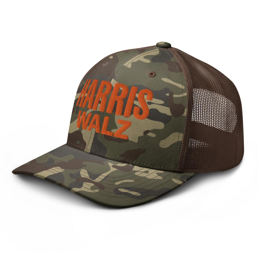 Brown camouflage trucker hat with mesh back, adjustable fit, Harris Walz orange embroidery