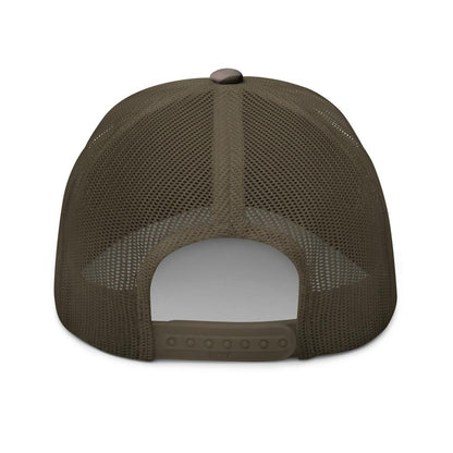 Olive camouflage trucker hat featuring breathable mesh back, adjustable fit.