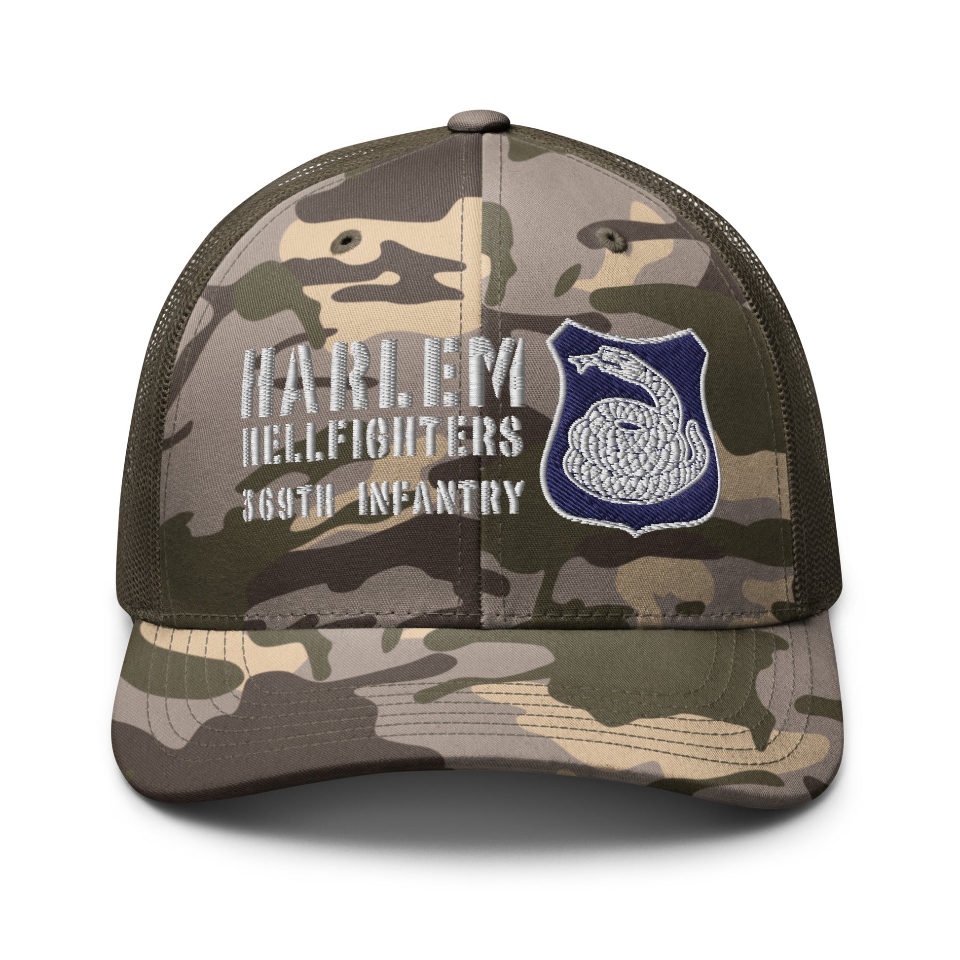 tan color camo trucker hat with rattlesnake crest and text reading harlem hellfighters