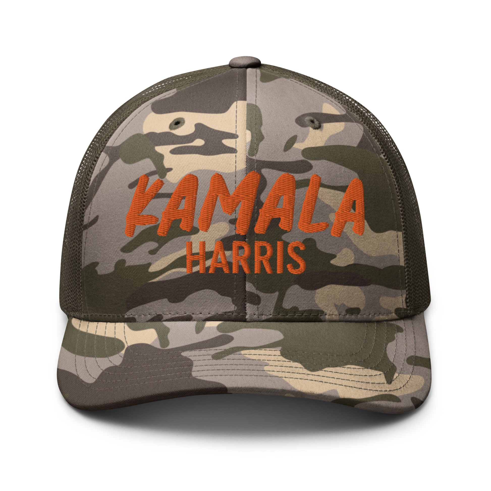 Kamala Harris embroidered camo trucker hat front view light camo