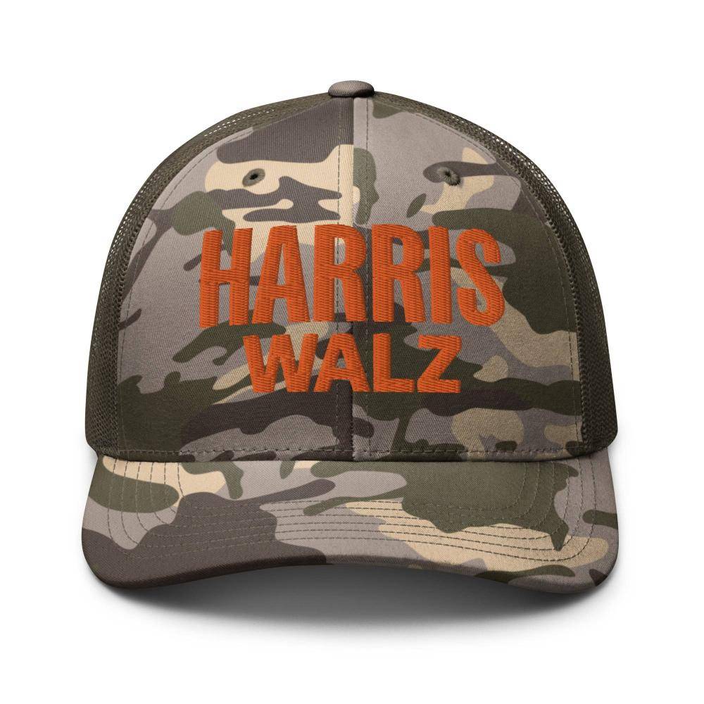 Olive green camouflage trucker hat with adjustable back and Harris Walz orange embroidery