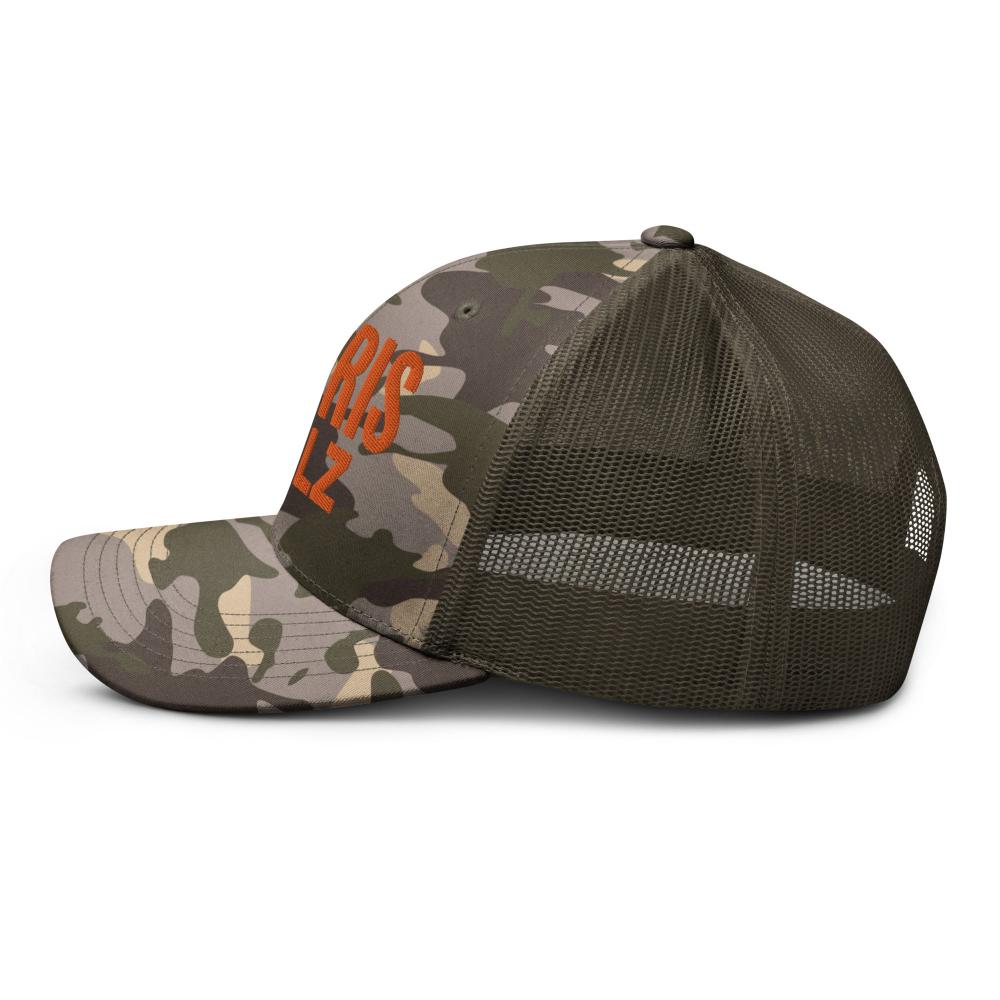 Olive camouflage trucker hat with mesh back, adjustable size, Harris Walz orange embroidery