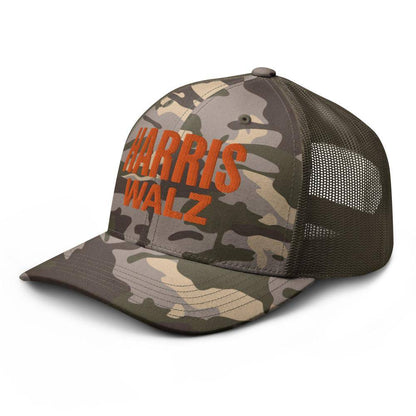 Olive camouflage trucker hat featuring mesh back, adjustable strap, Harris Walz orange embroidery