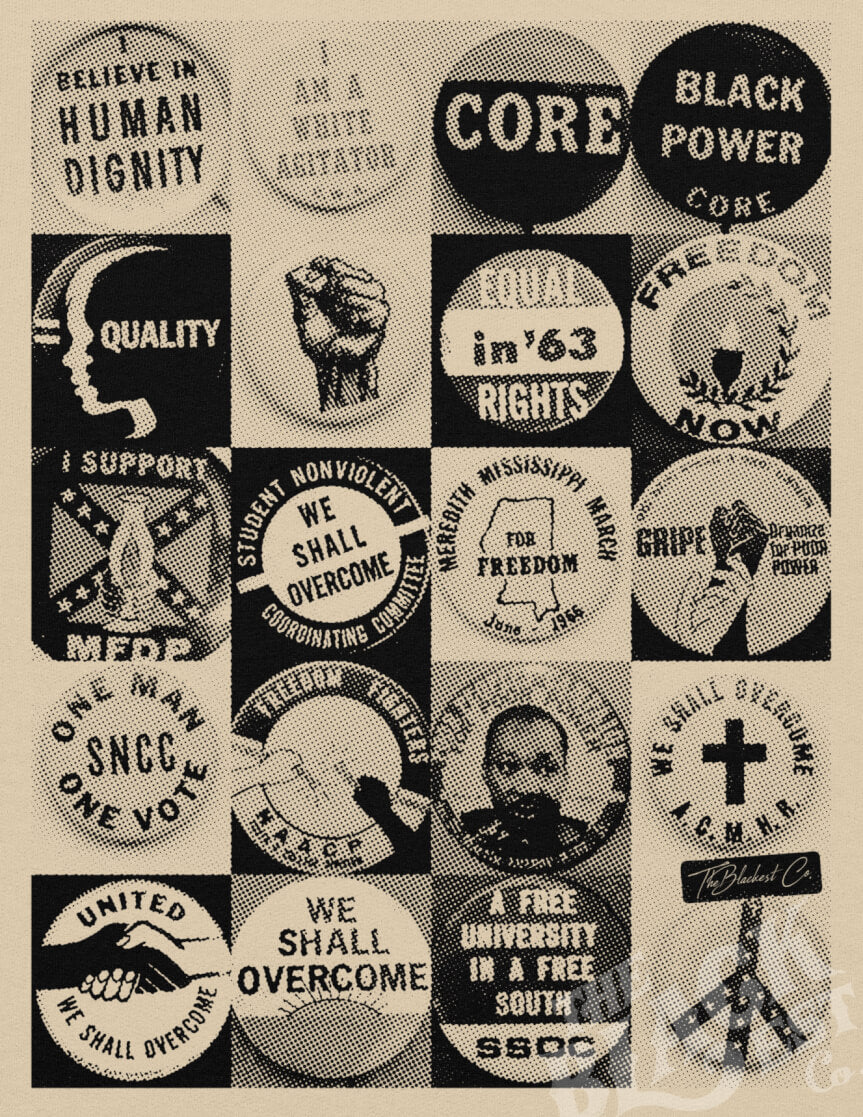 Close-up of Civil Rights Button Sweatshirt design featuring historic protest pins. A powerful tribute to civil rights and Black empowerment.