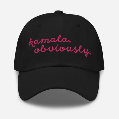 Kamala Obviously embroidered black cap front view