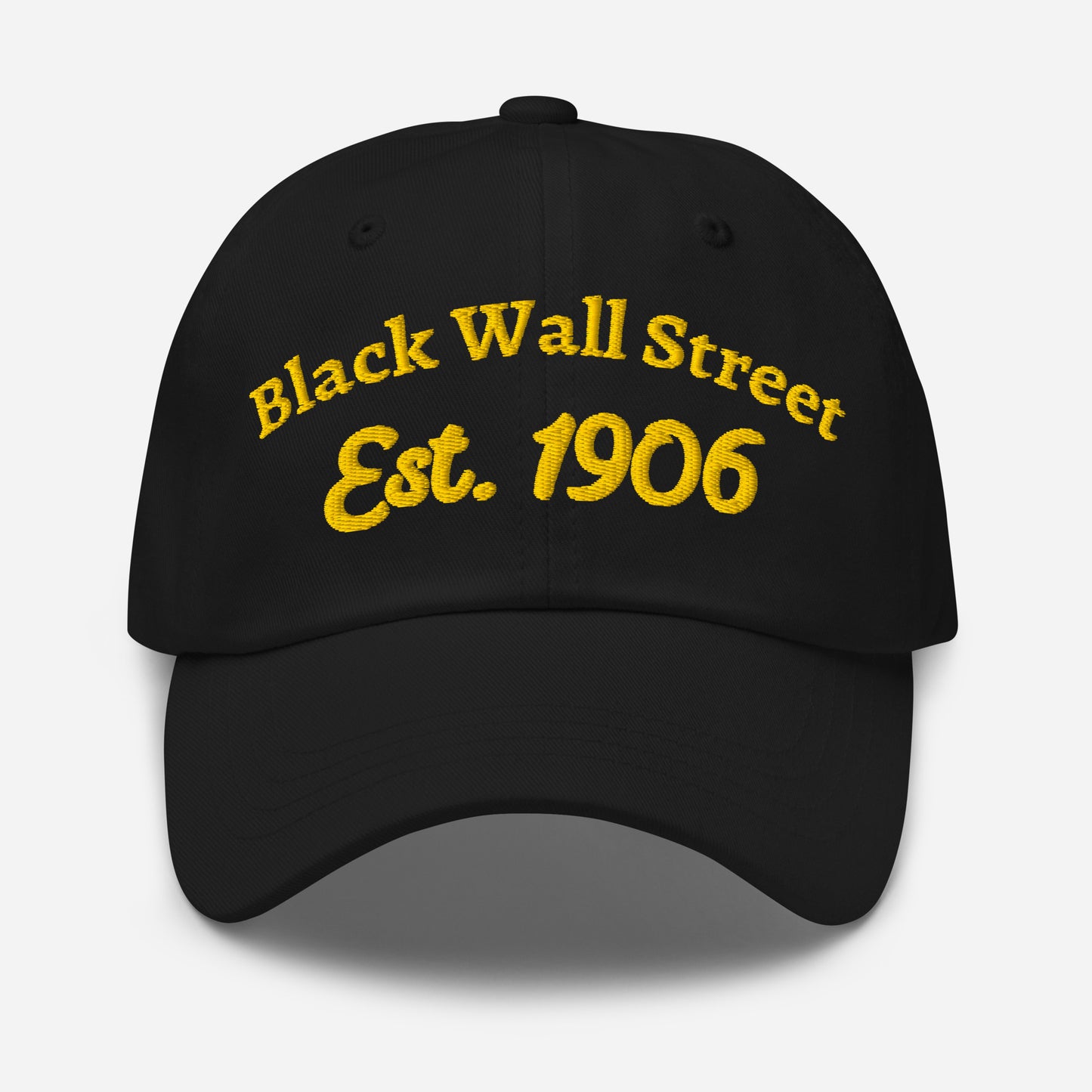 Black Wall Street Est. 1906 Baseball Cap in black with bold yellow embroidery, low-profile cotton design for unisex wear.